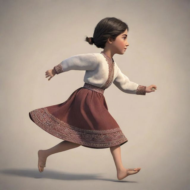 An animated depiction of a young Armenian girl with traditional clothing and short hair, viewed from behind, running swiftly.