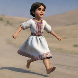 An animated depiction of a young Armenian girl with traditional clothing and short hair, viewed from behind, running swiftly.