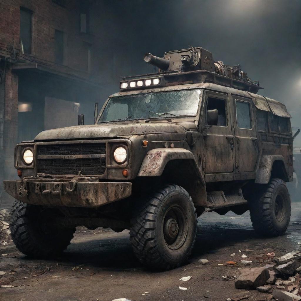 A rugged, zombie-apocalypse survival vehicle, heavily fortified with reinforced metal plates, spike-covered bumpers, and roof-mounted searchlights, driving through a horde of the undead in a decaying city.