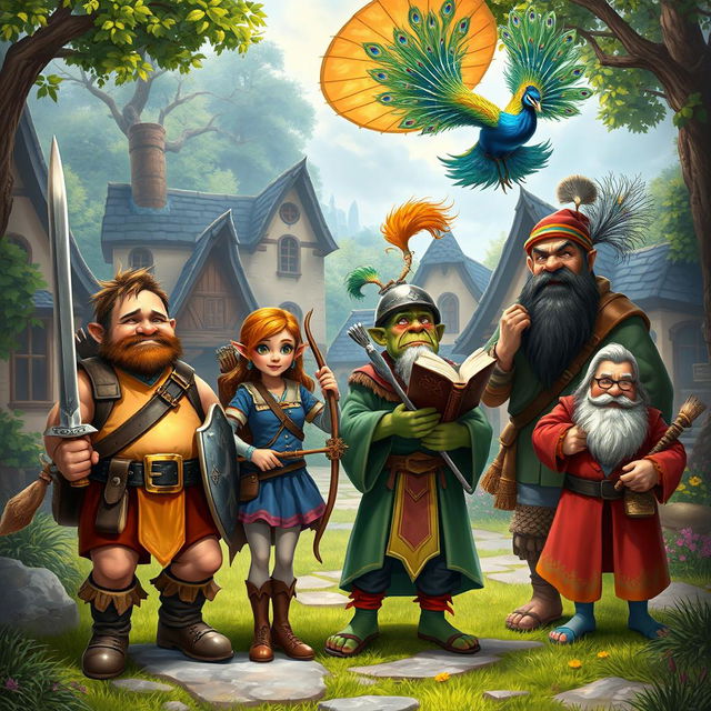 A vibrant fantasy village scene featuring a medium-sized pot-bellied man with little hair, holding a sword and shield, looking brave