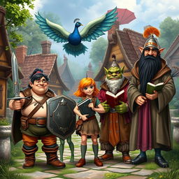 A vibrant fantasy village scene featuring a medium-sized pot-bellied man with little hair, holding a sword and shield, looking brave