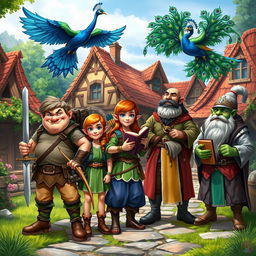 A vibrant fantasy village scene featuring a medium-sized pot-bellied man with little hair, holding a sword and shield, looking brave