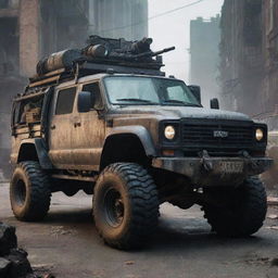 A rugged, zombie-apocalypse survival vehicle, heavily fortified with reinforced metal plates, spike-covered bumpers, and roof-mounted searchlights, driving through a horde of the undead in a decaying city.