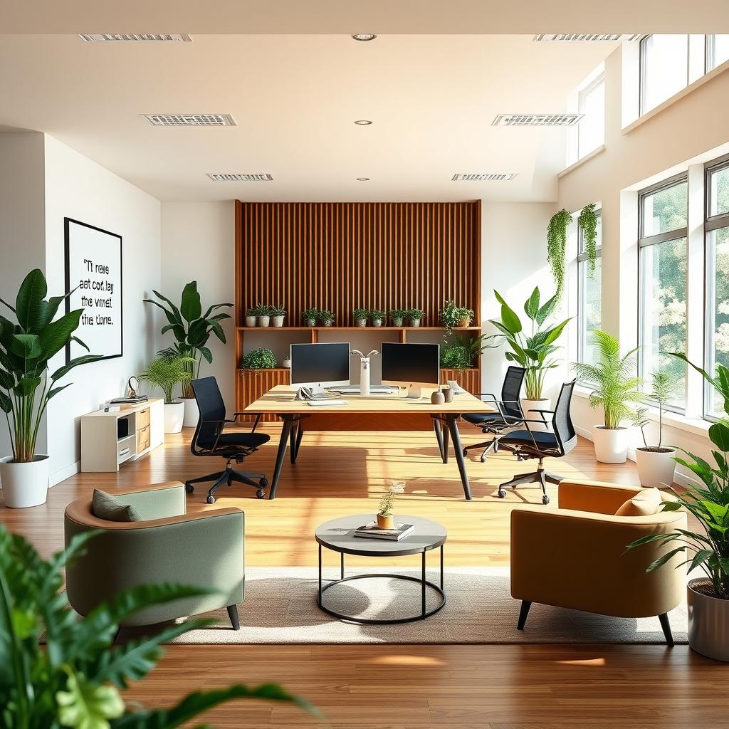 A modern office design featuring a spacious layout with a large wooden desk in the center, ergonomic office chairs, ample natural light coming through large windows, green indoor plants for a refreshing atmosphere, and minimalist decor