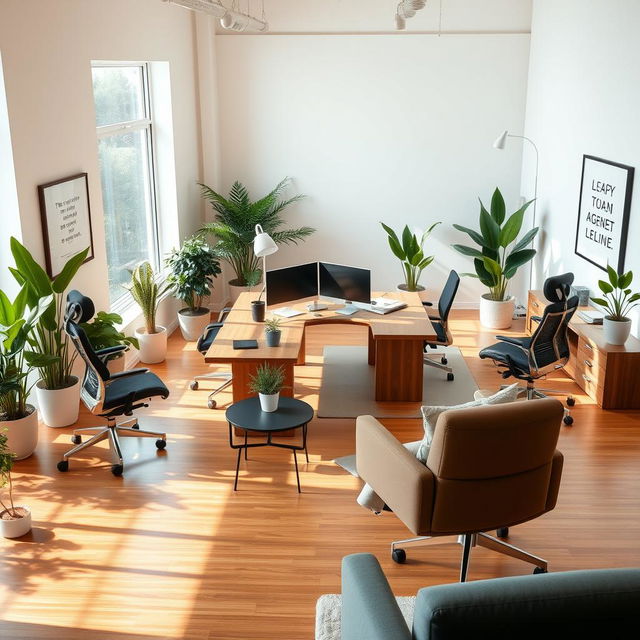 A modern office design featuring a spacious layout with a large wooden desk in the center, ergonomic office chairs, ample natural light coming through large windows, green indoor plants for a refreshing atmosphere, and minimalist decor