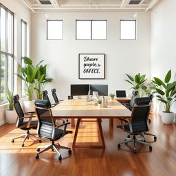 A modern office design featuring a spacious layout with a large wooden desk in the center, ergonomic office chairs, ample natural light coming through large windows, green indoor plants for a refreshing atmosphere, and minimalist decor