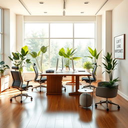 A modern office design featuring a spacious layout with a large wooden desk in the center, ergonomic office chairs, ample natural light coming through large windows, green indoor plants for a refreshing atmosphere, and minimalist decor