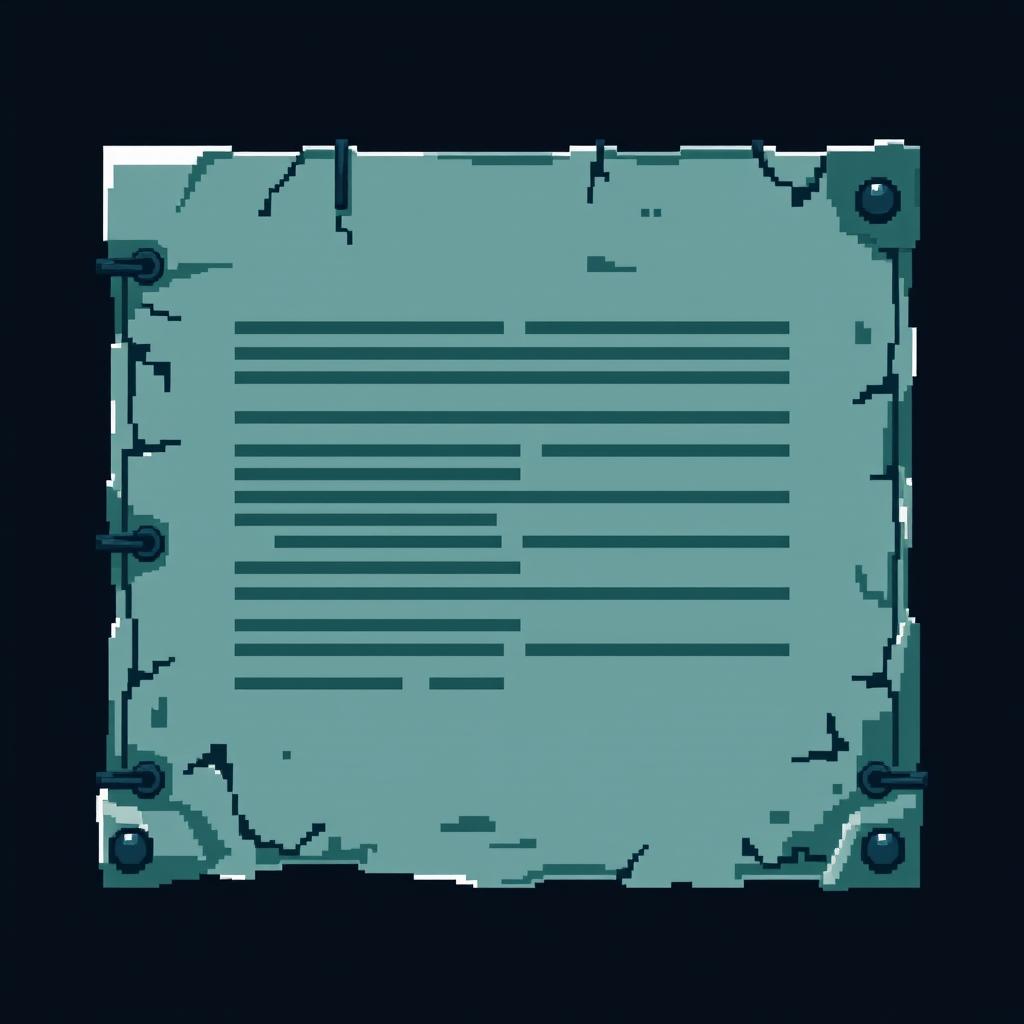 A pixel art design for a document, featuring a dark fantasy style with dark green and dirty blue colors