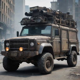 A rugged, zombie-apocalypse survival vehicle, heavily fortified with reinforced metal plates, spike-covered bumpers, and roof-mounted searchlights, driving through a horde of the undead in a decaying city.