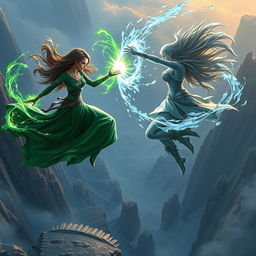 An intense fantasy battle scene taking place high above the ground, showcasing two powerful women engaged in a magical duel