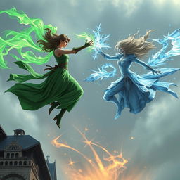 An intense fantasy battle scene taking place high above the ground, showcasing two powerful women engaged in a magical duel