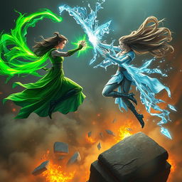 An intense fantasy battle scene taking place high above the ground, showcasing two powerful women engaged in a magical duel