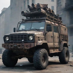 A rugged, zombie-apocalypse survival vehicle, heavily fortified with reinforced metal plates, spike-covered bumpers, and roof-mounted searchlights, driving through a horde of the undead in a decaying city.