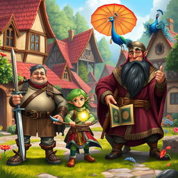 A vibrant fantasy village scene featuring a medium-sized pot-bellied man with a little hair, confidently holding a sword and shield