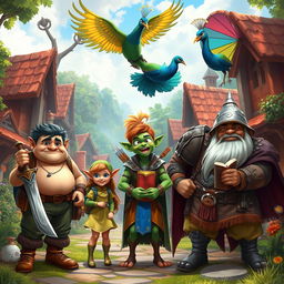 A vibrant fantasy village scene featuring a medium-sized pot-bellied man with a little hair, confidently holding a sword and shield