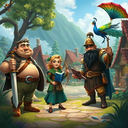 A vibrant fantasy village scene featuring a medium-sized pot-bellied man with a little hair, confidently holding a sword and shield