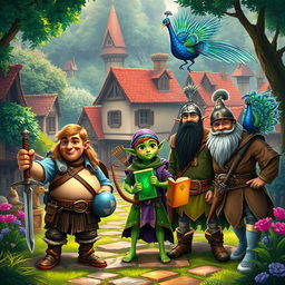 A vibrant fantasy village scene featuring a medium-sized pot-bellied man with a little hair, confidently holding a sword and shield