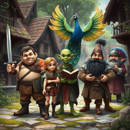 A lively fantasy village scene featuring a medium-sized pot-bellied human man with little hair on his head, confidently holding a sword in one hand and a shield in the other