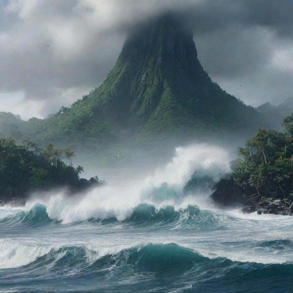 A sudden, powerful tsunami dramatically reshapes the island's scenery, towering waves engulfing the forsaken Jurassic Park, churning the rocky landscape below and amplifying the chaos of this relentless island.