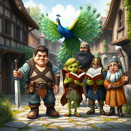 A lively fantasy village scene featuring a medium-sized pot-bellied human man with little hair on his head, confidently holding a sword in one hand and a shield in the other