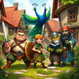 A lively fantasy village scene featuring a medium-sized pot-bellied human man with little hair on his head, confidently holding a sword in one hand and a shield in the other