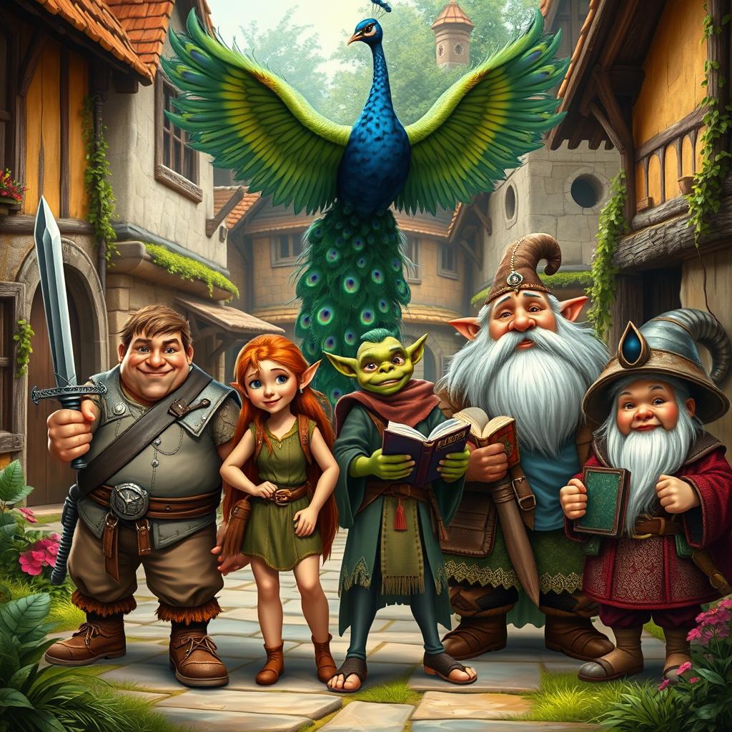 A lively fantasy village scene featuring a medium-sized pot-bellied human man with little hair on his head, confidently holding a sword in one hand and a shield in the other