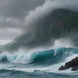 A sudden, powerful tsunami dramatically reshapes the island's scenery, towering waves engulfing the forsaken Jurassic Park, churning the rocky landscape below and amplifying the chaos of this relentless island.