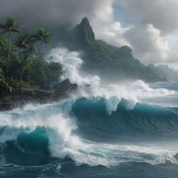 A sudden, powerful tsunami dramatically reshapes the island's scenery, towering waves engulfing the forsaken Jurassic Park, churning the rocky landscape below and amplifying the chaos of this relentless island.