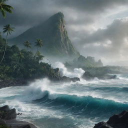 A sudden, powerful tsunami dramatically reshapes the island's scenery, towering waves engulfing the forsaken Jurassic Park, churning the rocky landscape below and amplifying the chaos of this relentless island.