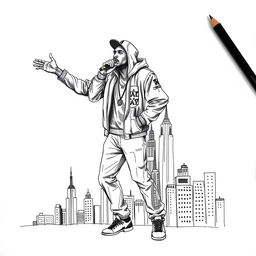 A black and white illustration of a rapper, uniquely designed to be entirely composed of intricate sketches of city buildings