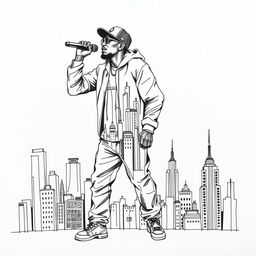 A black and white illustration of a rapper, uniquely designed to be entirely composed of intricate sketches of city buildings