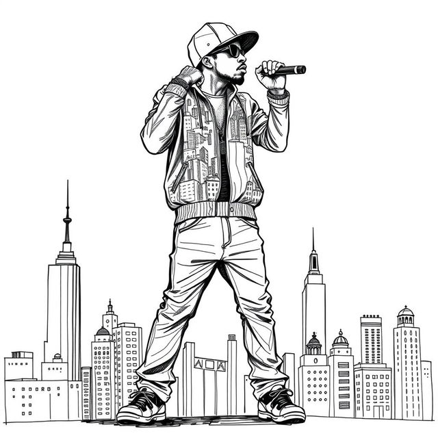 A black and white illustration of a rapper, uniquely designed to be entirely composed of intricate sketches of city buildings