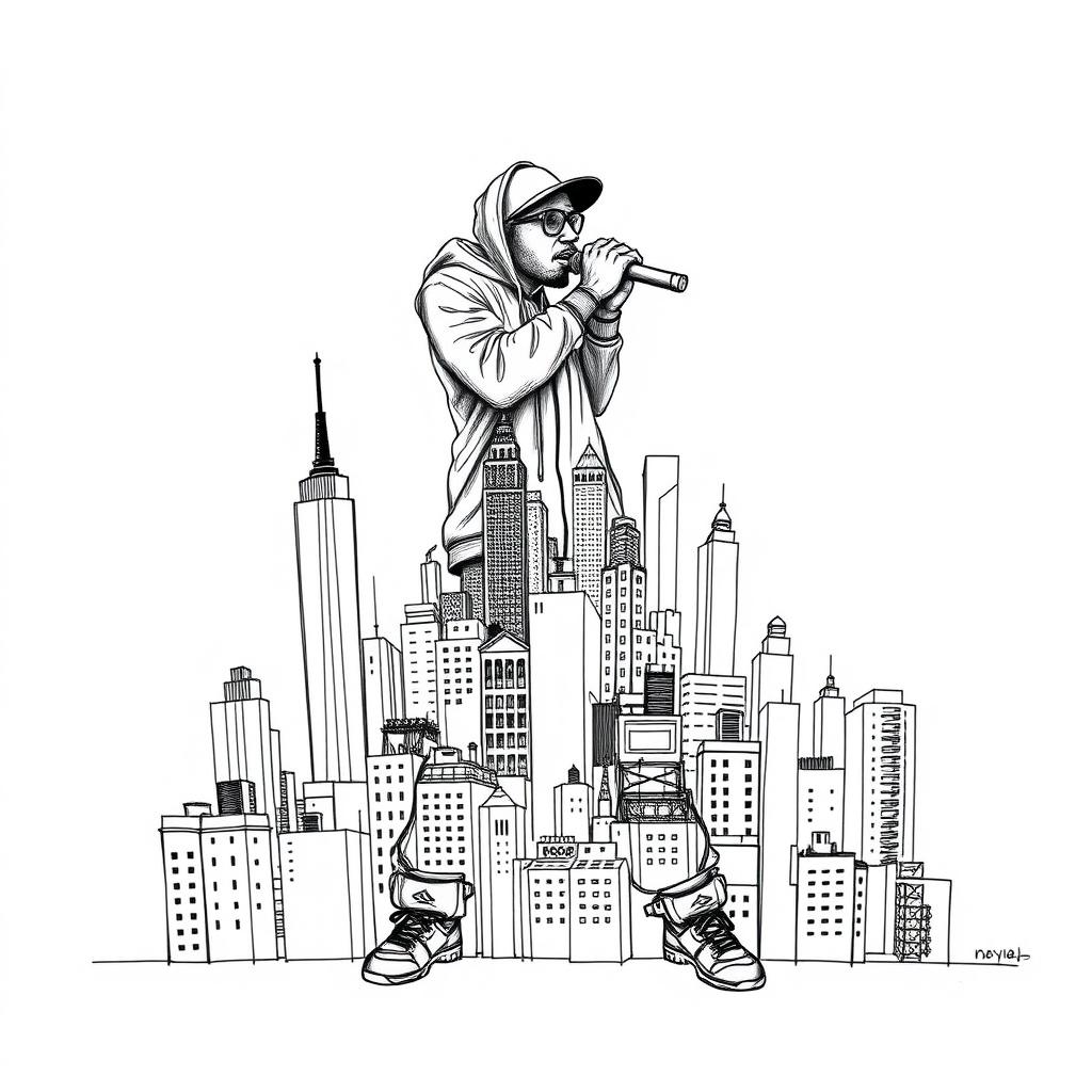 A black and white illustration of a rapper, uniquely designed to be entirely composed of intricate sketches of city buildings