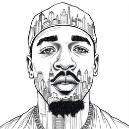 A black and white illustration of a rapper's face, uniquely crafted to be completely composed of intricate sketches of city buildings