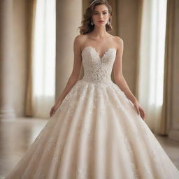 Craft an image featuring an exquisite ball gown. Envision a design full of elegance and grandeur, complete with delicate lace detailing, intricate beading, a flowing skirt and a color that enchants the viewer.