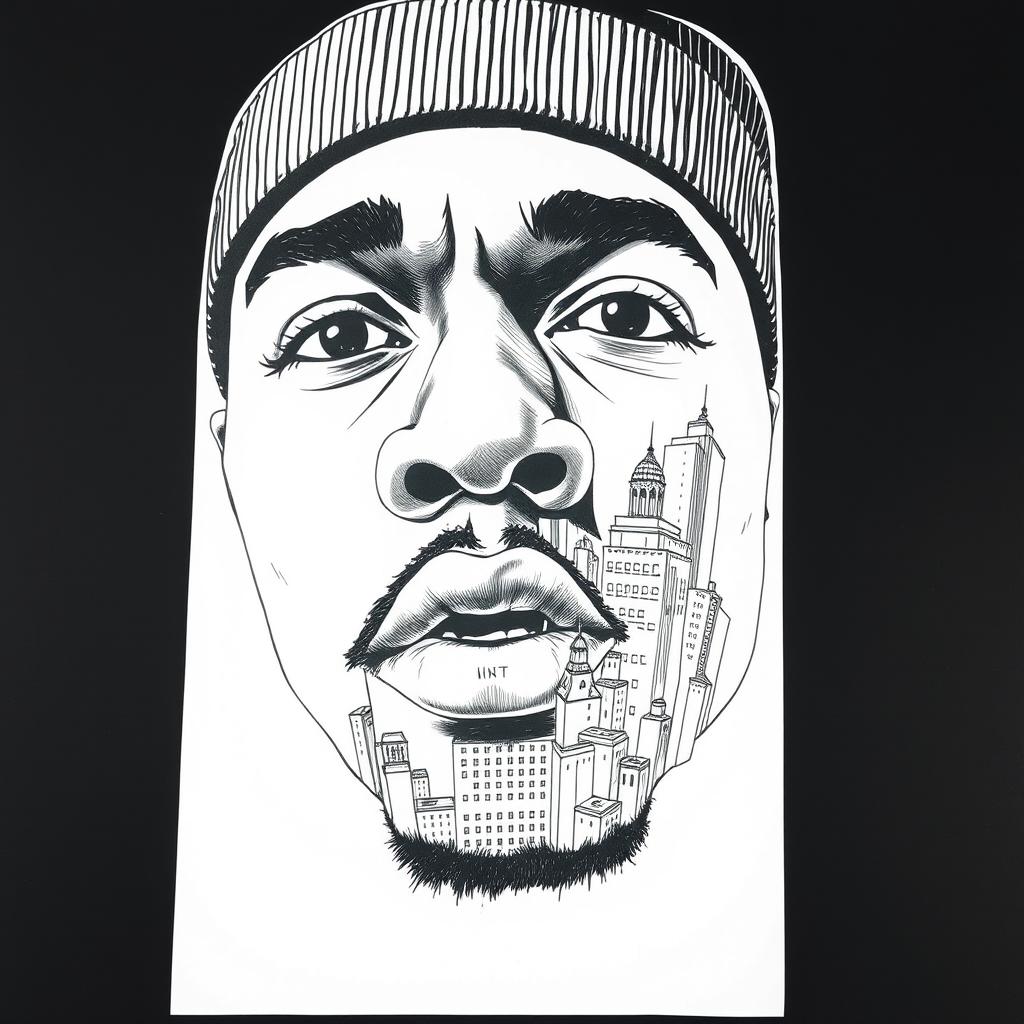 A black and white illustration of a rapper's face, uniquely crafted to be completely composed of intricate sketches of city buildings