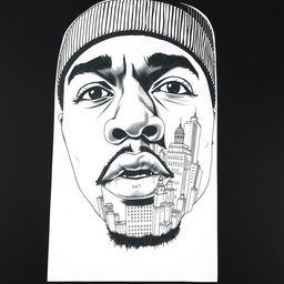 A black and white illustration of a rapper's face, uniquely crafted to be completely composed of intricate sketches of city buildings