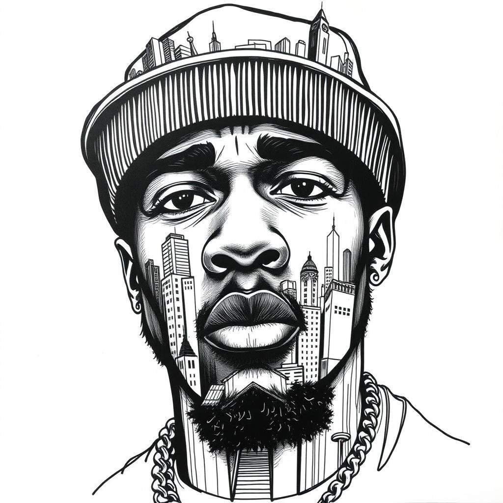 A black and white illustration of a rapper's face, uniquely crafted to be completely composed of intricate sketches of city buildings