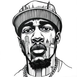 A black and white illustration of a rapper's face, uniquely crafted to be completely composed of intricate sketches of city buildings