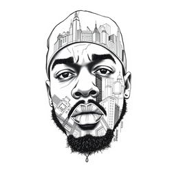 A black and white illustration of a rapper's face, uniquely crafted to be completely composed of intricate sketches of city buildings