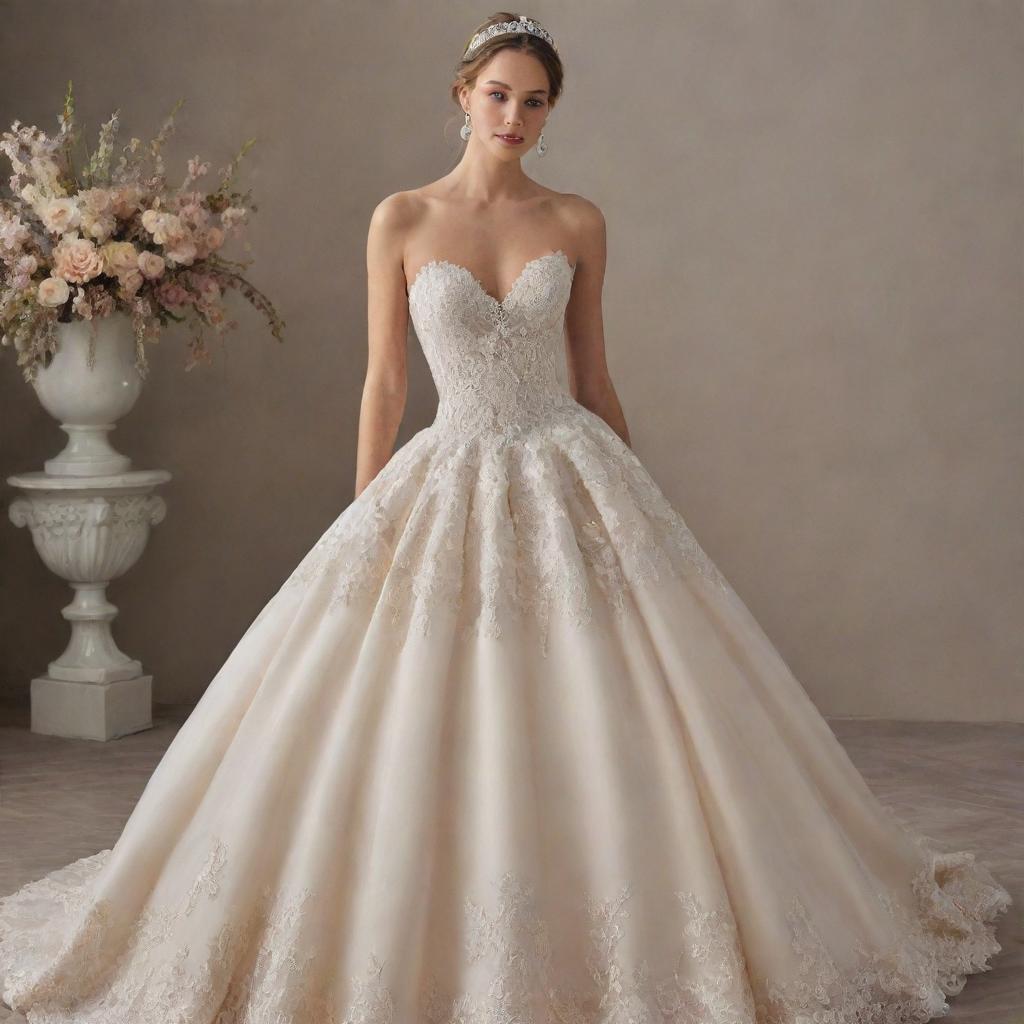 Craft an image featuring an exquisite ball gown. Envision a design full of elegance and grandeur, complete with delicate lace detailing, intricate beading, a flowing skirt and a color that enchants the viewer.