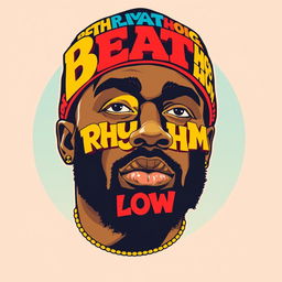 An illustration of a rapper's face, creatively composed entirely of bold and colorful text letters, capturing the vibrant essence of the 1970s poster style