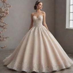 Craft an image featuring an exquisite ball gown. Envision a design full of elegance and grandeur, complete with delicate lace detailing, intricate beading, a flowing skirt and a color that enchants the viewer.