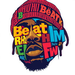 An illustration of a rapper's face, creatively composed entirely of bold and colorful text letters, capturing the vibrant essence of the 1970s poster style