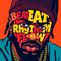 An illustration of a rapper's face, creatively composed entirely of bold and colorful text letters, capturing the vibrant essence of the 1970s poster style