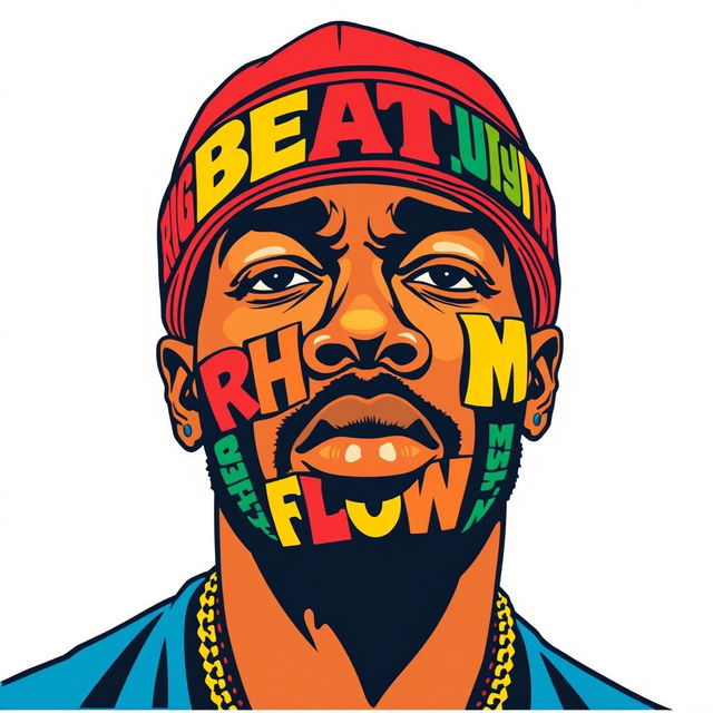 An illustration of a rapper's face, creatively composed entirely of bold and colorful text letters, capturing the vibrant essence of the 1970s poster style