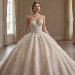 Craft an image featuring an exquisite ball gown. Envision a design full of elegance and grandeur, complete with delicate lace detailing, intricate beading, a flowing skirt and a color that enchants the viewer.