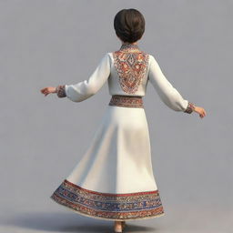 A 16-year-old animated Armenian girl with traditional clothing and short hair, viewed from behind, dashing forward with youthful exuberance.