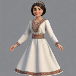 A 16-year-old animated Armenian girl with traditional clothing and short hair, viewed from behind, dashing forward with youthful exuberance.