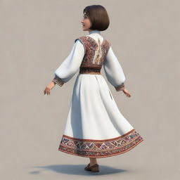 A 16-year-old animated Armenian girl with traditional clothing and short hair, viewed from behind, dashing forward with youthful exuberance.